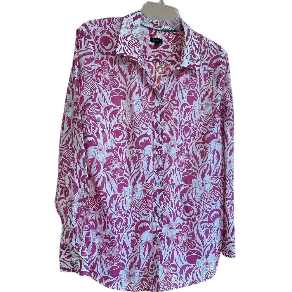Talbots XL Pink White‎ Floral Cotton Button Down Shirt Tropical Travel Coastal